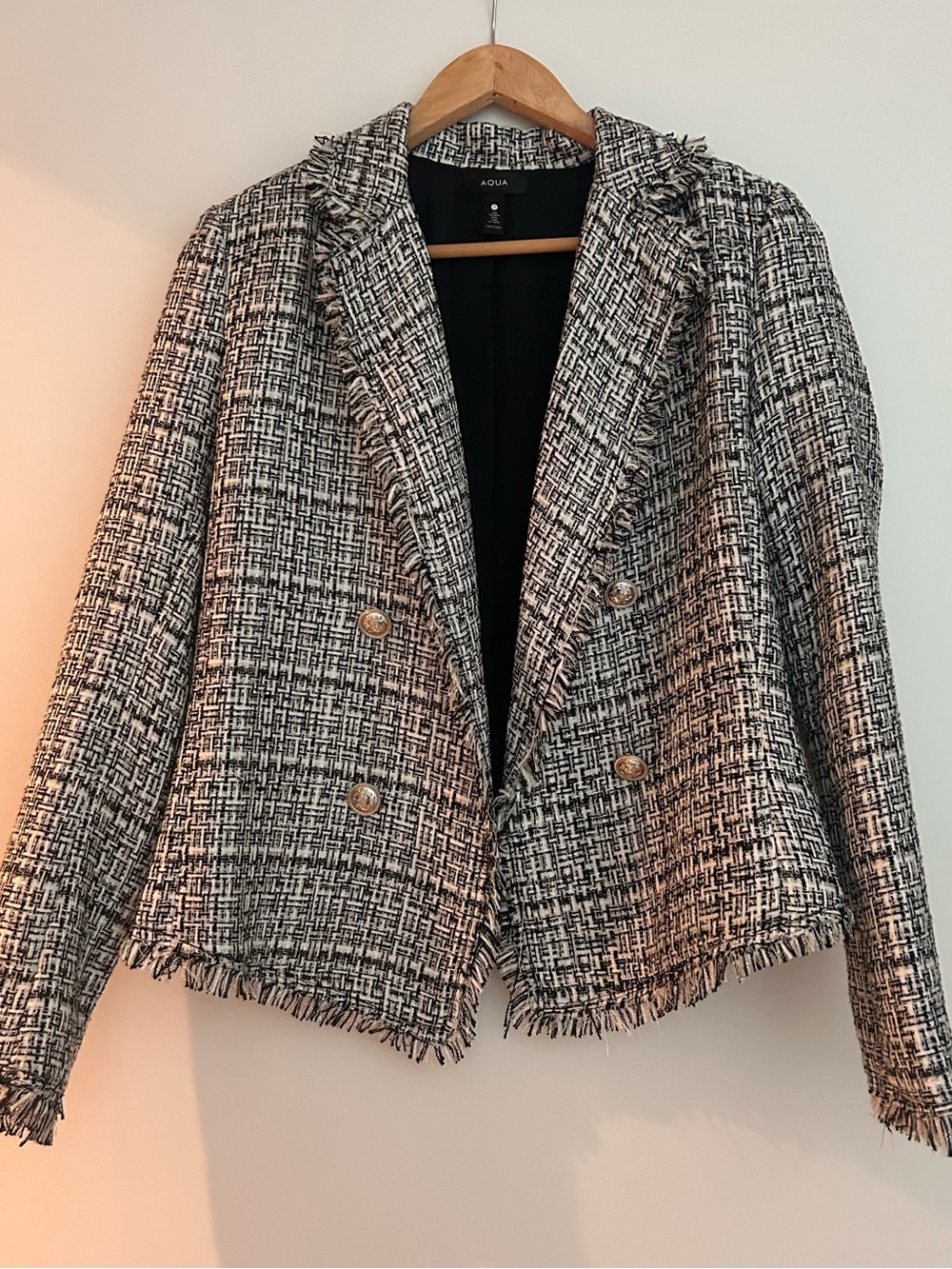 AQUA Black & White Tweed Double-Breasted Blazer